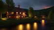 Landscape view of the old house with glowing windows at night on the riverbank, river with reflections and forest. Generative AI