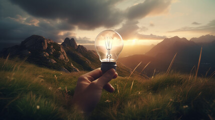 Wall Mural - Holding a light bulb on grass with nature energy concept. AI Generative.