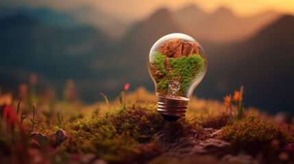 Wall Mural - Light bulb on soil and nature background,Creative with inspiration,Innovative technology,Energy and environmental concepts. Generative Ai.