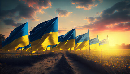 Wall Mural - Field of Ukrainian flags at Sunset. Generate Ai.