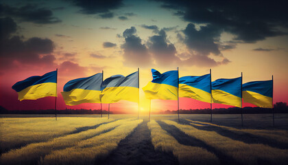 Wall Mural - Field of Ukrainian flags at Sunset. Generate Ai.