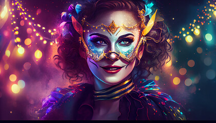 Carnival banner mardi gras woman smiling with venetian mask night lights copy space. Generate Ai.