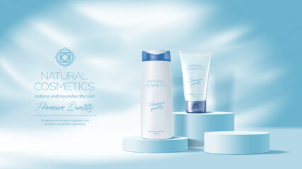 Blue cosmetics podium mockup. Vector promo background with beauty care production bottles on round pedestals. Promotional advertising banner with cream tube and shampoo packaging realistic mock up