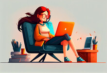 Girl With Laptop Sitting On The Chair. Freelance Or Studying Concept. Generate Ai.