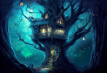 magical fantasy fairy tale scenery of tree house at night in a forest. Generate Ai.