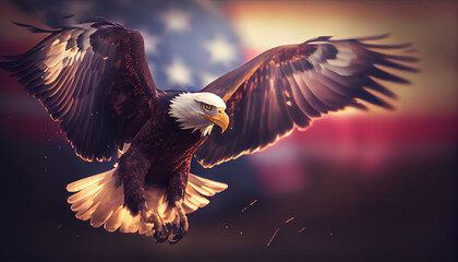 Wall Mural - Eagle With American Flag Flies In The Sky With Blurred Bokeh And Sunlight Effect - Independence Day . Generate Ai.