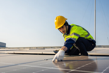 Professional engineer work to maintenance of photovoltaic panel system.