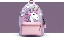 Cool Unicorn Kids Girls Leather Backpack With Decorative Clouds And Stars. Generate Ai.