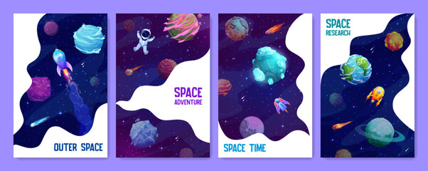 Poster - Space landing pages. Starry galaxy and space planets. Cartoon posters with astronaut and starships in cosmic landscape. Vector futuristic shuttles, cosmic engines or spacecrafts travel in Universe