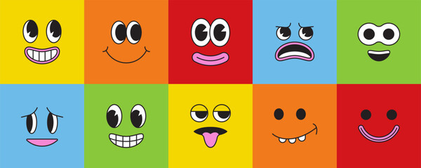 Poster - Vector cartoon faces, abstract design mascots - y2k stickers and badges, happy, angry expressions, sticker and icons with different face expressions