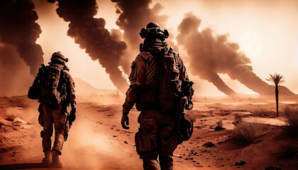 Wall Mural - Military special forces soldiers crosses destroyed warzone through fire and smoke in the desert. Generate Ai.