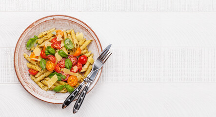 Wall Mural - Italian pasta adorned with fresh tomatoes and aromatic basil