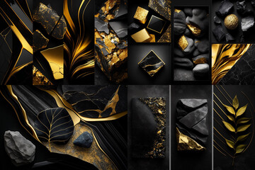 Canvas Print - Black and Gold natural stone textures composition. Generate Ai.