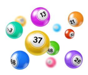 Wall Mural - Bingo lottery balls. Gambling lottery, gambling jackpot, casino lotto fortune chance or gamble lucky bet realistic vector concept. Bingo game win background or wallpaper with flying colorful balls