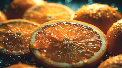 Wall Mural - Juicy slice of orange close-up, generative AI.