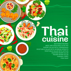 Canvas Print - Thai cuisine menu cover template. Salads with vegetables, shrimps seafood and lemongrass, Panang curry, battered prawns and fish soup, beef and vegetable stir fry, salad with soybean sprouts