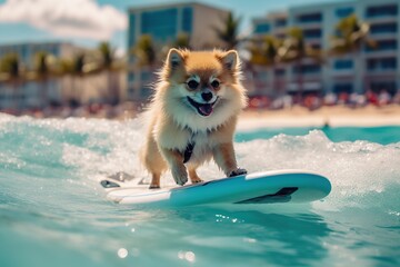 Wall Mural - Image of a happy Pomeranian surfing on a surfboard at the beach on a sunny day.