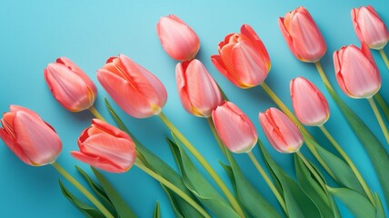  Spring tulip flowers on blue background Generative AI