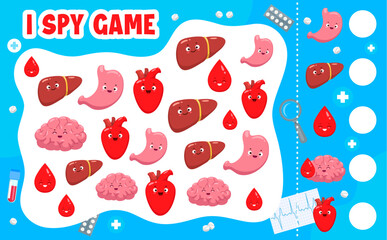 Poster - I spy game quiz worksheet. Cartoon human body organ characters. Object finding playing activity for kids, objects counting vector riddle with liver, stomach, heart and brain, blood drop cut personages