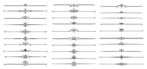 Aufkleber - Vintage dividers, flourish borders and frame lines with vector floral ornaments and ornate decor elements. Classic calligraphy dividers and borders with victorian scrolls and swirls, text decorations