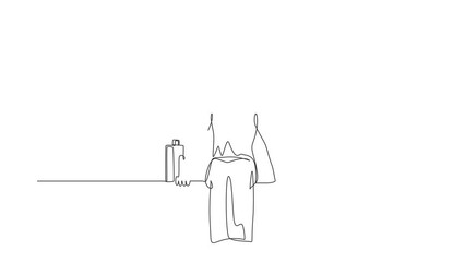 Poster - Animated self drawing of continuous one line draw Arabian businesswoman sits at bench. Woman suffering from depression, dismissal, gets into difficult life situation. Full length single line animation