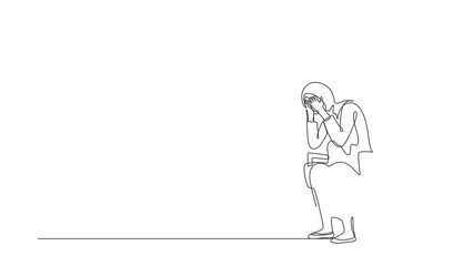 Poster - Animated self drawing of continuous one line draw Arabian businesswoman holding head sitting alone. Regret on business mistake, frustration, depressed, stupidity. Full length single line animation