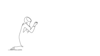 Poster - Self drawing animation of single line draw Arab businesswoman is on knees, ask for help. Woman in business blazer praying. Psychological therapy, treatment. Continuous line draw. Full length animated