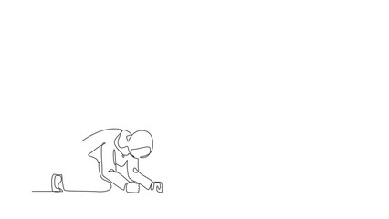 Poster - Animated self drawing of single continuous line draw Arabian businesswoman with briefcase crawling in despair on floor. Frustrated office worker mental health problems. Full length one line animation