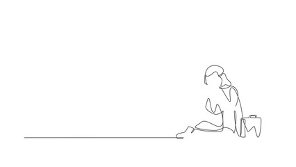 Poster - Animated self drawing of continuous line draw sad Arab businessman cover face by hands, sitting on floor. Depression disorder, sad, sorrow, disappointment symptom. Full length single line animation
