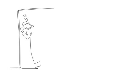 Poster - Animated self drawing of continuous line draw Arab businessman sad lost his opportunity. Depressed office worker wailing on wall losing job. Depressive disorder, sorrow. Full length one line animation