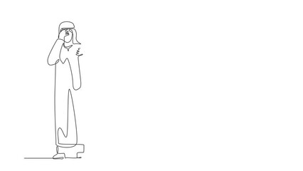 Poster - Animated self drawing of continuous line draw financial problems. Depressed Arabian businessman standing thinking about finding money for paying bills during crisis. Full length single line animation