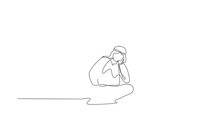 Poster - Self drawing animation of single line draw Arab businessman who is asking questions because he gets into problem. Running out of ideas, daydreaming, depressed. Continuous line. Full length animated