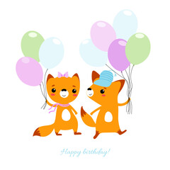 Wall Mural - Cute foxes with balloons