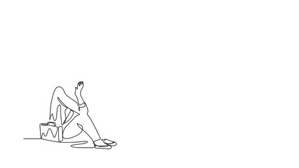 Poster - Animated self drawing of continuous line draw businesswoman feeling sad, depression sitting on floor. Office worker feeling stress, sad. Depression for young people. Full length one line animation