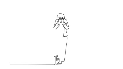 Poster - animated self drawing of continuous line draw businesswoman cover face, crying. depression disorder,