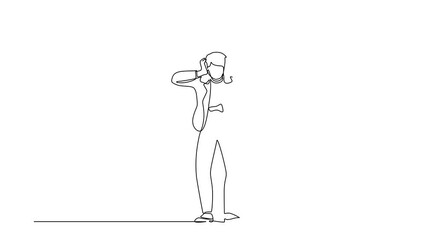 Poster - Animated self drawing of continuous line draw stressed businesswoman with headache, hands on head, migraine, health problems, pain head, emotion, stress work, tired. Full length single line animation
