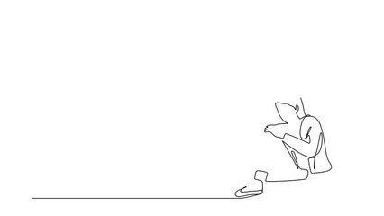 Poster - Self drawing animation of single line draw very sad businesswoman sitting alone on the floor. Depressed woman disorder, sad, sorrow, disappointment symptom. Continuous line draw. Full length animated