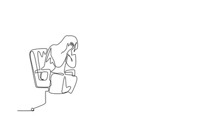Poster - Animated self drawing of single continuous line draw frustrated businesswoman holding head sitting alone. Regret on business mistake, frustration, depressed, stupidity. Full length one line animation