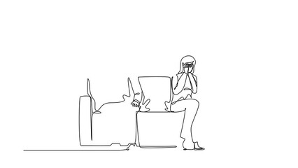 Poster - self drawing animation of single line draw sad unhappy husband and wife sitting on couch and keeping