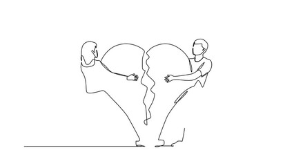 Poster - Animated self drawing of continuous line draw lovers broken heart. Man woman pulled apart causing each other feel sorrow, couple disagreement at end of relationship. Full length single line animation