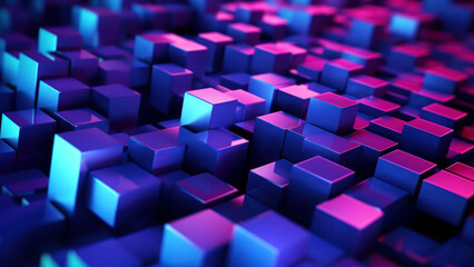 Poster - Abstract 3d rendering of chaotic blue and pink cubes. Futuristic background generative ai