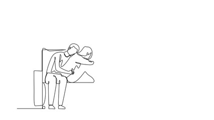 Poster - Self drawing animation of single line draw man giving comfort, support to woman, hugging on shoulder. Girl feeling stress, loneliness. Counseling, empathy. Continuous line draw. Full length animated