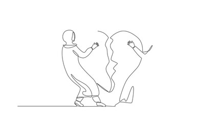 Wall Mural - Animated self drawing of continuous line draw lovers broken heart. Arab man woman pulled apart causing each other feel sorrow, couple disagreement at end relationship. Full length one line animation