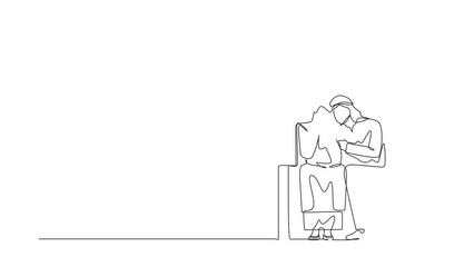 Poster - Animated self drawing of continuous line draw caring Arab man sitting on sofa, hugging shoulder of woman and trying to help or support her. Support, mental depression. Full length one line animation