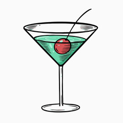 Wall Mural - Green color cocktail with cherry in martini glass.