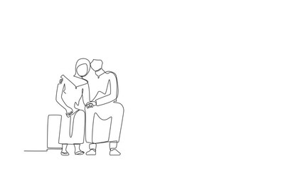 Poster - Animated self drawing of continuous line draw Arabian man comforting sad woman. Male supporting female who is feeling emotional sad. Husband embrace comforts woman. Full length single line animation