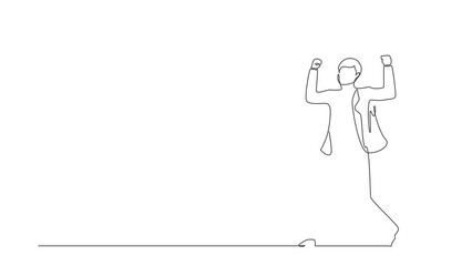 Poster - Self drawing animation of single one line draw businessman standing with raised clenched hands. Manager celebrating success of increasing company's product. Continuous line draw. Full length animated