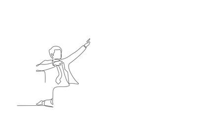 Poster - Self drawing animation of single line draw businessman kneeling with celebrating goal pose. Manager celebrating success of increasing the company product. Continuous line draw. Full length animated