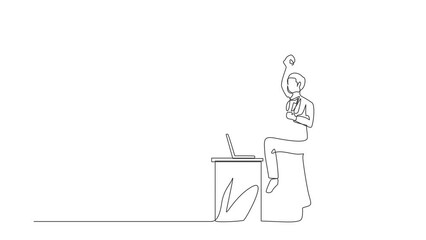 Poster - self drawing animation of single line draw businessman jumping, dancing on workplace. male manager c
