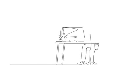 Poster - Animated self drawing of continuous line draw businessman sitting on workplace with raised one hand high, raised other. Worker celebrates salary increase from company. Full length one line animation